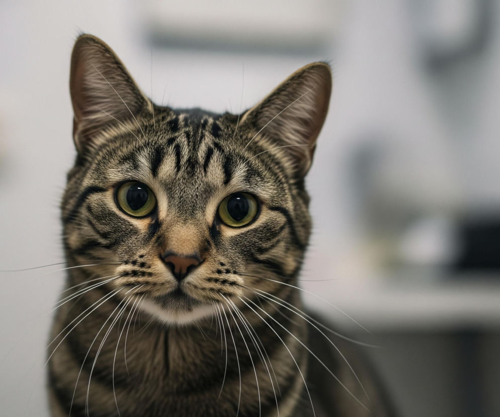 Na pierwszym planie znajduje się portret kota o ubarwieniu tabbym. Futro kota jest mieszanką brązowych, szarych i czarnych prążków, tworzących wyraźne wzory na głowie i policzkach. Kot ma duże, okrągłe, jasnozielone oczy z wyraźnymi czarnymi źrenicami i długie, białe wibrysy wystające na boki od nosa i górnej wargi. Nos jest mały, różowy, otoczony ciemniejszym futrem. Uszy kota są szpiczaste, pokryte krótkim futrem z widocznymi wewnętrznymi włoskami. Tło jest rozmyte, w większości w odcieniach szarości i bieli, z niewyraźnym niebieskim akcentem po lewej stronie.