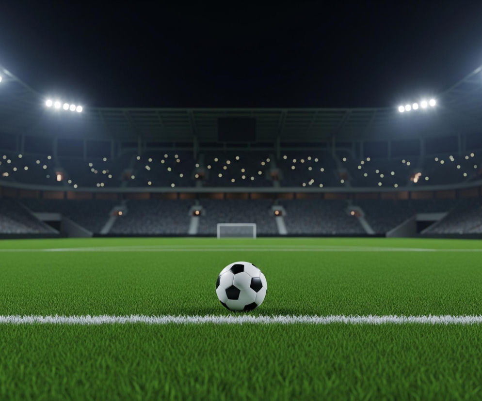 Na zielonej, równej murawie boiska sportowego znajduje się czarno-biała piłka do gry w piłkę nożną, umieszczona tuż za białą linią. W tle rozciąga się duży stadion z rzędami trybun, częściowo wypełnionych rozmytymi sylwetkami ludzi, co sugeruje obecność kibiców. Całe boisko jest intensywnie oświetlone przez jaskrawe reflektory umieszczone na górze konstrukcji stadionu, co kontrastuje z ciemnym, niemal czarnym niebem widocznym ponad nimi.