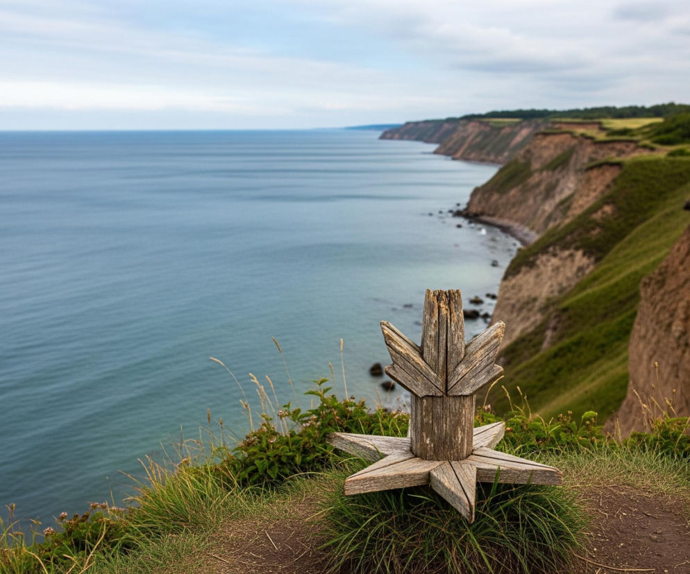 Na pierwszym planie, centralnie, stoi drewniany element dekoracyjny przypominający stylizowaną gwiazdę lub kwiat. Składa się z pionowego słupka i dwóch zestawów rozchodzących się promieni, jednych u podstawy i drugich w górnej części. Całość jest wykonana z jasnobrązowego, postarzanego drewna i otoczona zieloną trawą oraz krzewami. Poniżej rozciąga się ciemnoniebieskie morze z delikatnymi falami, a po prawej stronie widoczny jest skalisty klif pokryty zieloną roślinnością, ciągnący się wzdłuż wybrzeża aż po horyzont. Nad morzem i klifem unosi się jasne, zachmurzone niebo, z jaśniejszą smugą światła tuż nad linią horyzontu.