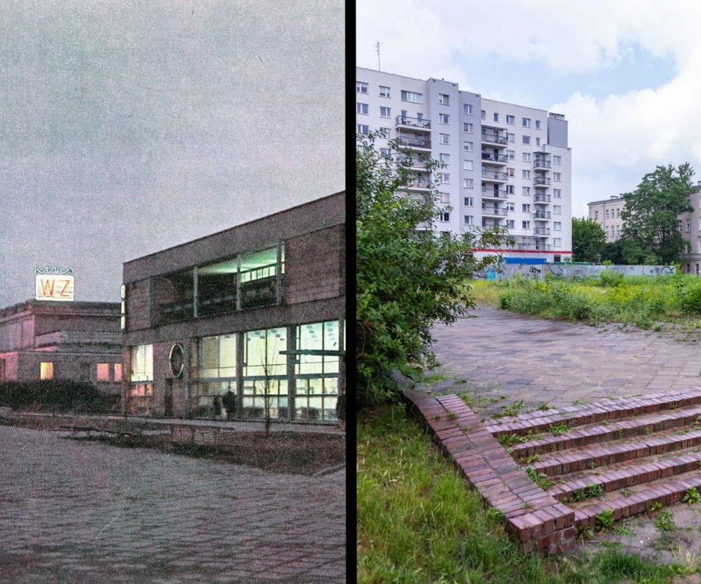 Archiwalne zdjęcie kina W-Z zestawione z dzisiejszym widokiem pustego placu. Historię miejsca poznasz w serwisie Architektura.
