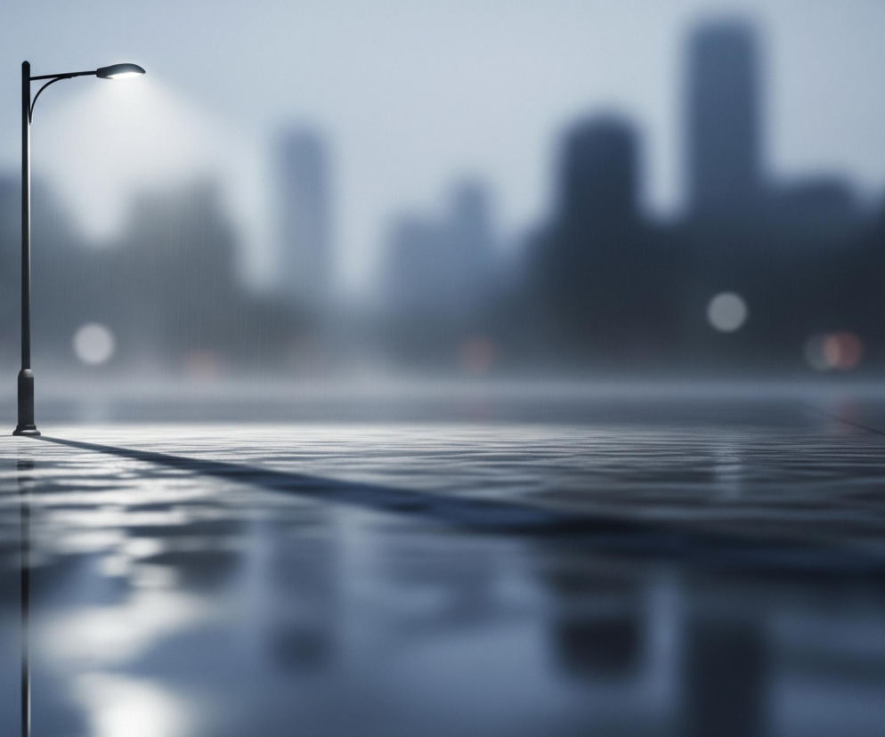 Na pierwszym planie, z lewej strony, stoi samotna latarnia uliczna o smukłym, ciemnym słupie i pojedynczym, jasnym świetle skierowanym w dół. Od latarni rozciąga się długi, ciemny cień na mokrej, lustrzanej powierzchni, która odbija blade światło i rozmyte kształty otoczenia. W tle, widoczne są niewyraźne, szare sylwetki wieżowców miasta, z których niektóre punkty świetlne migoczą w oddali, tworząc mglistą i tajemniczą atmosferę. Cały obraz utrzymany jest w chłodnych odcieniach szarości, błękitu i czerni.
