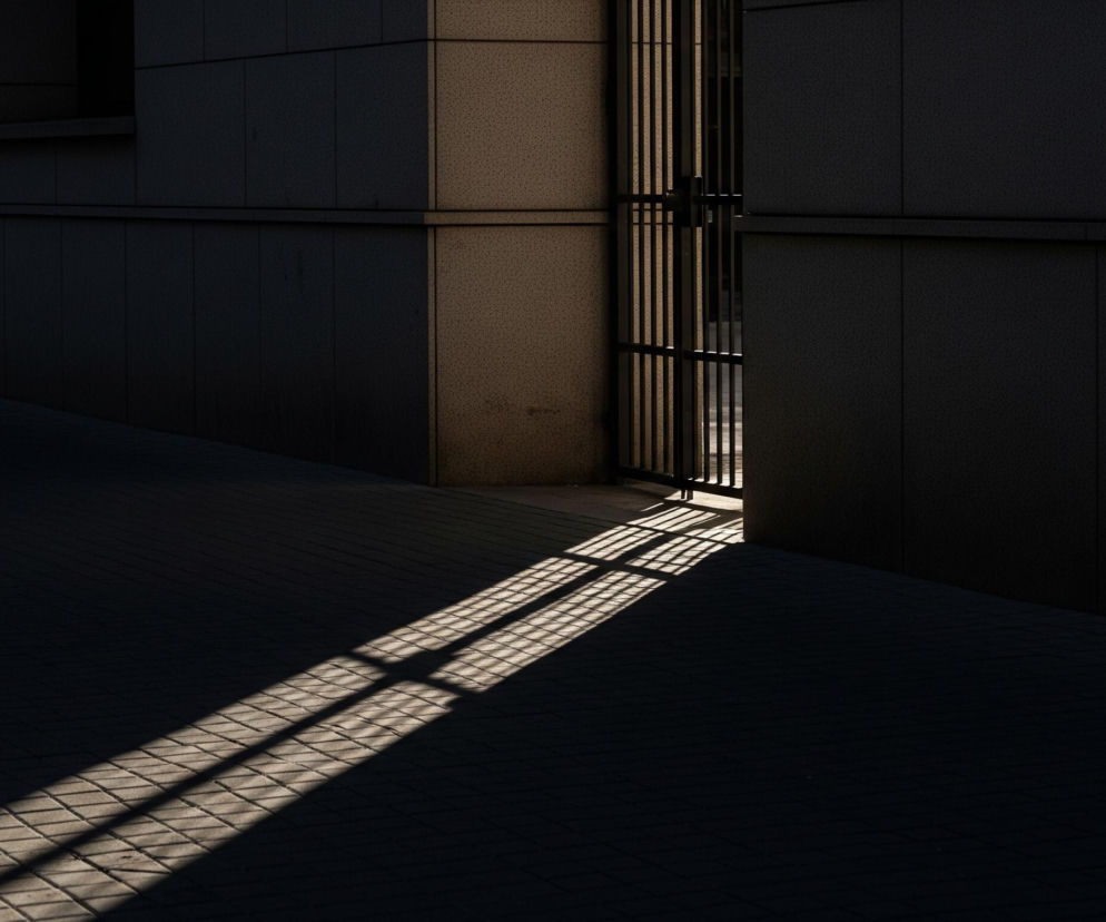 Na zdjęciu dominuje ciemna ściana budynku po prawej stronie, o fakturze złożonej z prostokątnych paneli, z pojedynczym słupkiem o jaśniejszym, beżowym odcieniu. Ten jaśniejszy słupek znajduje się na styku dwóch płaszczyzn ściany, częściowo oświetlony światłem. Otwarta, metalowa brama z pionowymi prętami, umiejscowiona w prześwicie między ścianami, rzuca na chodnik podłużny cień z regularnym wzorem kraty, która rozciąga się w kierunku lewego dolnego rogu, rozświetlając fragment ułożonej z kostki nawierzchni. Pozostała część chodnika i ściana po lewej stronie pozostają w głębokim cieniu.