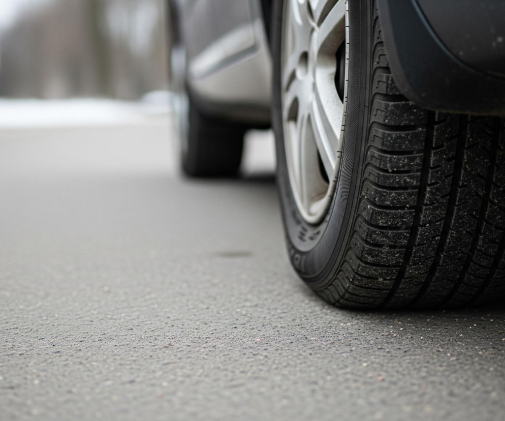 Ciemna opona z wyraźnie widocznym bieżnikiem i drobinkami brudu stoi na szarym, ziarnistym asfalcie, lekko skierowana w prawą stronę obrazu. Opona przylega do srebrnej, wieloramiennej felgi, która częściowo chowa się pod ciemnym, plastikowym nadkolem samochodu. W tle, po lewej stronie drogi, rozciąga się rozmyty, jasnoszary krajobraz, prawdopodobnie pokryty śniegiem. Całość ujęta jest z niskiej perspektywy, skupiając ostrość na przedniej części opony i asfaltu.