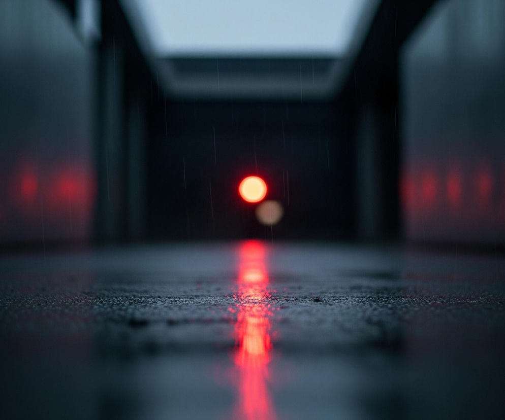 Mokre, ciemne podłoże z licznymi kroplami deszczu rozciąga się od pierwszego planu do horyzontu. W oddali widoczne są intensywne, rozmyte czerwone światła, z których jedno znajduje się centralnie, a inne po obu stronach kadru, tworząc odbicia na mokrej powierzchni. Scena jest osadzona w wąskim korytarzu lub przejściu o ciemnych, prostych ścianach, z nieba widać delikatne światło w górnej części. Na całym obrazie pionowe smugi wskazują na padający deszcz.