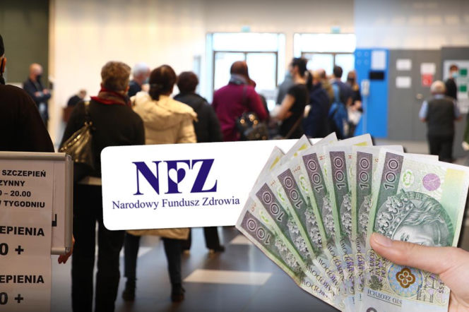 Ludzie w kolejce w przychodni. Obok logo NFZ i wachlarz banknotów 100 złotych. O reformie szpitali przeczytasz w Eska.