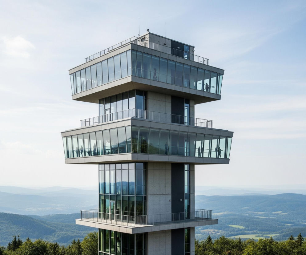 Na zdjęciu dominuje nowoczesna wieża widokowa o szarej, betonowej konstrukcji i licznych przeszkleniach. Wieża składa się z kilku kondygnacji, z których każda kolejna, licząc od dołu, jest nieco cofnięta lub wysunięta, tworząc charakterystyczny, tarasowy kształt. Na wyższych piętrach widoczne są osoby stojące za przeszklonymi ścianami, obserwujące otoczenie.

W tle rozciąga się rozległy, pagórkowaty krajobraz pokryty gęstymi lasami o odcieniach zieleni, z wyraźnymi warstwami oddalających się wzgórz, które bledną w kierunku horyzontu. W dolnych częściach obrazu widoczne są fragmenty drzew liściastych i iglastych, otaczających podstawę wieży. Niebo jest częściowo zachmurzone, przechodząc od błękitu po prawej stronie w jaśniejszy, mleczny odcień po lewej.