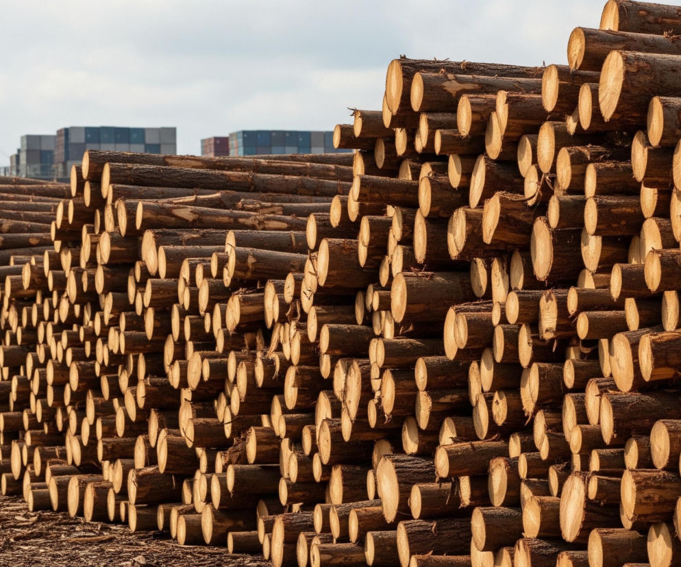 Duże, okorowane pnie drzew ułożone są w wysokie, długie stosy biegnące z lewej strony zdjęcia ku prawej, od pierwszego planu po horyzont. Drewno ma ciemnobrązową barwę kory, a jasne, kremowe przekroje poprzeczne pni, widoczne szczególnie po prawej stronie, oświetlone są ciepłym, złotym światłem. W tle, pod pochmurnym, jasnym niebem, widać kilka statków kontenerowych z ułożonymi piętrowo kolorowymi kontenerami, co wskazuje na portowy krajobraz.