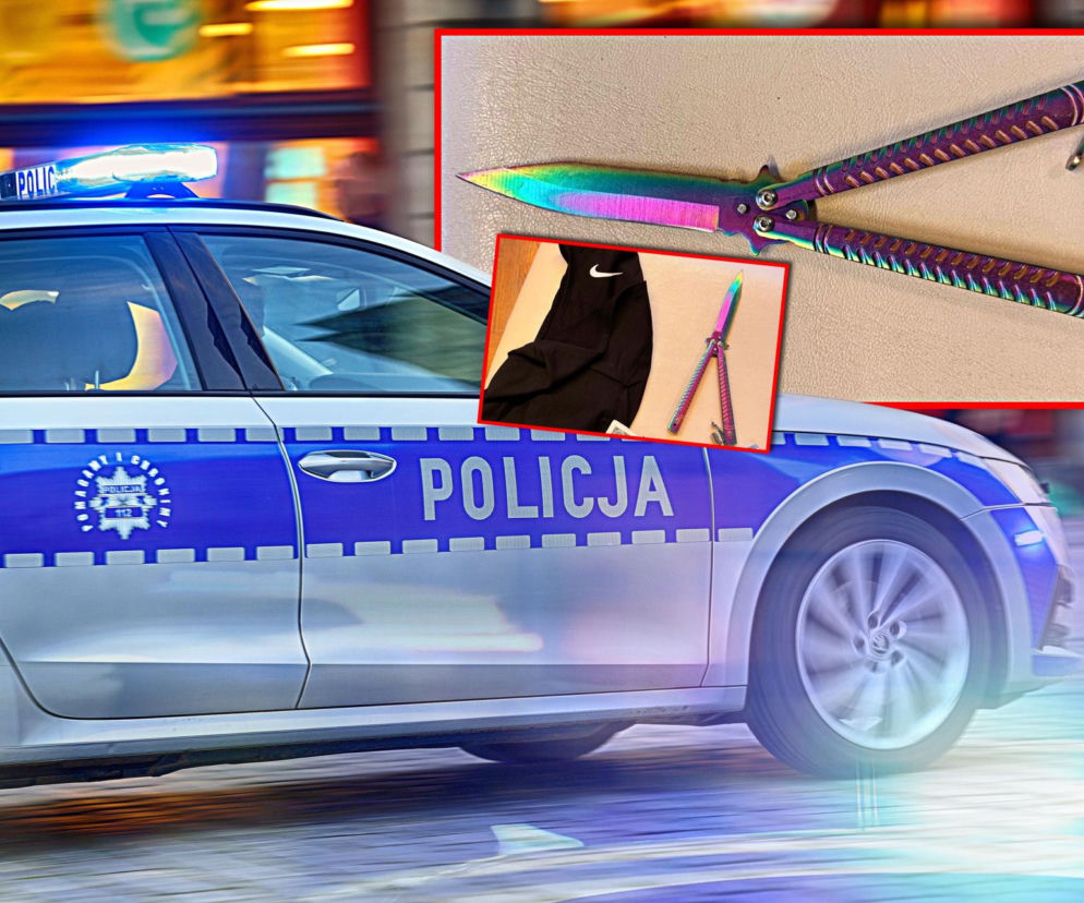 Radiowóz policyjny na sygnale. Na miniaturach obok tęczowy nóż motylkowy. O groźbach w szkołach przeczytasz w Super Express.