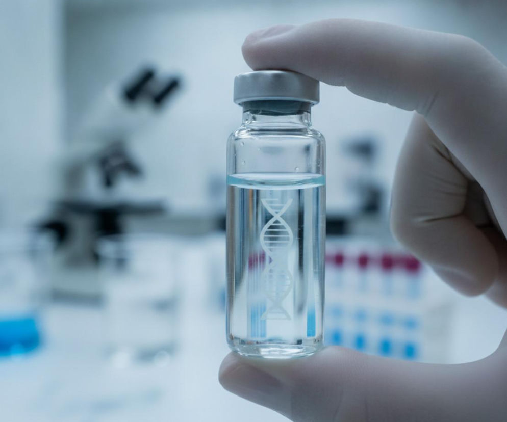 Dłoń naukowca w białej rękawiczce trzyma fiolkę z symbolem DNA. O terapii genowej na cholesterol pisze Poradnik Zdrowie.