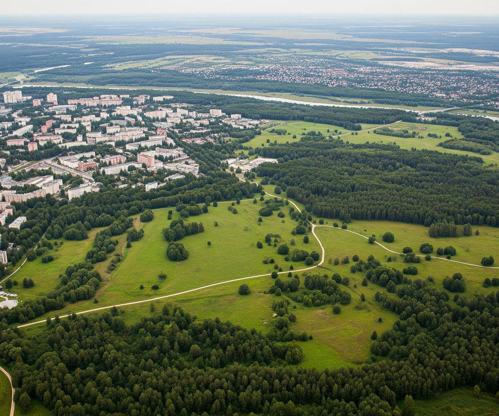 Obszar miejski rozciąga się w lewej części kadru, z licznymi blokami mieszkalnymi w odcieniach beżu i bieli, otoczonymi zielonymi drzewami. Pośrodku kadru, widać rozległy, zielony teren z polami i kępami drzew, przez który wiją się jasne, gruntowe ścieżki. W prawym dolnym rogu dominują gęste lasy o ciemnozielonym zabarwieniu, a dalej w tle widać rzekę i kolejne tereny zielone oraz mniejsze skupiska zabudowań. Całość jest pod lekką, szarawą mgiełką, sugerującą pochmurny dzień lub wczesny poranek.