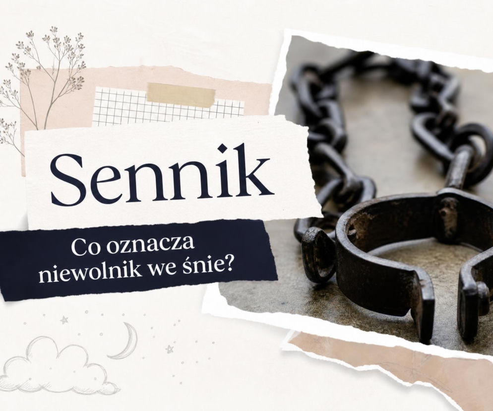 Napis Sennik i pytanie o niewolnika. Obok na zdjęciu metalowe kajdany. O znaczeniu tego snu przeczytasz na SE.