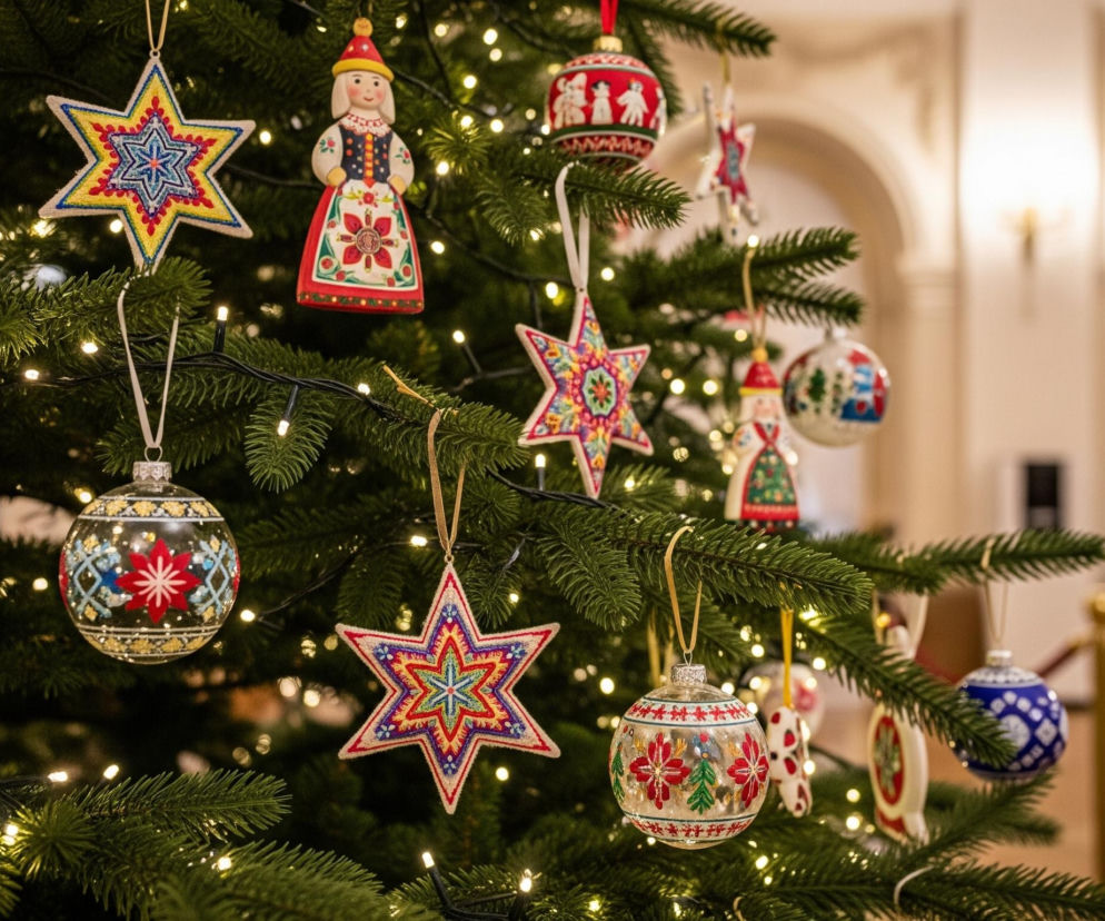 Na pierwszym planie widać gęsto zielone gałązki choinki, ozdobione licznymi, błyszczącymi lampkami. Wśród gałązek wiszą różnorodne ozdoby choinkowe: figurki w strojach ludowych, bombki szklane z malowanymi wzorami oraz materiałowe gwiazdy z haftami. W tle, rozmyty, znajduje się inne drzewko świąteczne, oświetlone licznymi, okrągłymi światłami w kolorze białym i ciepłym żółtym, oraz fragment eleganckiego wnętrza z jasnymi ścianami i łukowatymi przejściami.