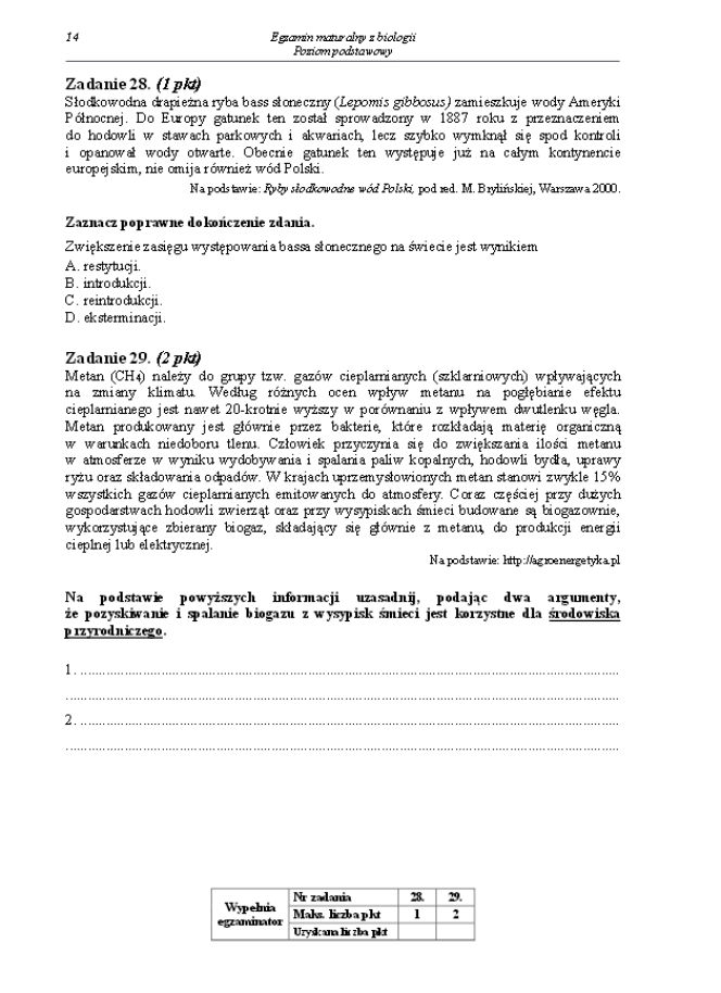 Arkusz biologia podstwowy matura 2014
