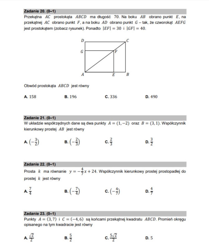 Matura poprawkowa z matematyki 2021 - zadania zamknięte 20-23 (1 punkt)
