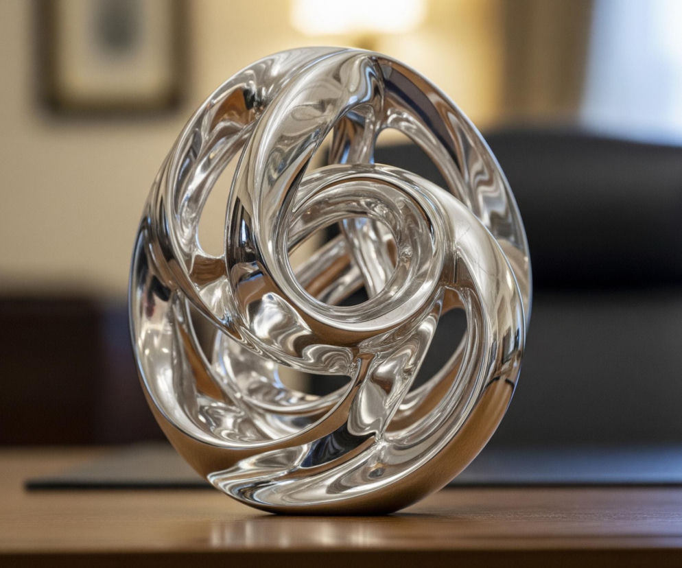 Centralnym elementem obrazu jest metalowa, spiralna rzeźba o gładkiej, odbijającej światło powierzchni w odcieniach srebra i szarości. Obiekt jest pusty w środku, a jego struktura przypomina splątane wstęgi tworzące złożony, organiczny kształt. Rzeźba stoi na drewnianym blacie biurka o ciepłym, brązowym odcieniu, który rozciąga się w poprzek dolnej części kadru. W tle, po prawej stronie, widoczne jest ciemne, skórzane oparcie fotela, a za nim rozmyte, jasne światło wpadające przez okno. Lewa strona tła jest bardziej zaciemniona, z niewyraźnym zarysem ściany w beżowym kolorze i fragmentem obrazu w ramie.