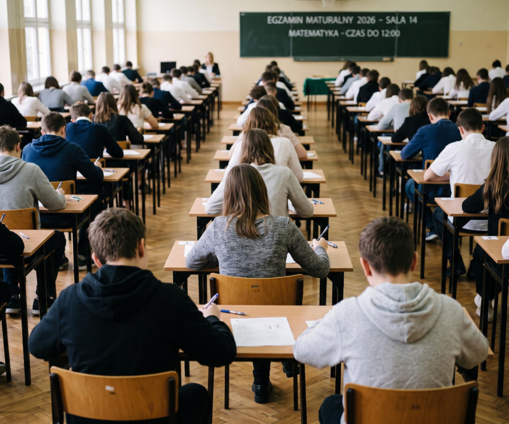 Uczniowie piszący maturę w sali lekcyjnej. Na tablicy napis o egzaminie z matematyki. O przeciekach przeczytasz na MJM.