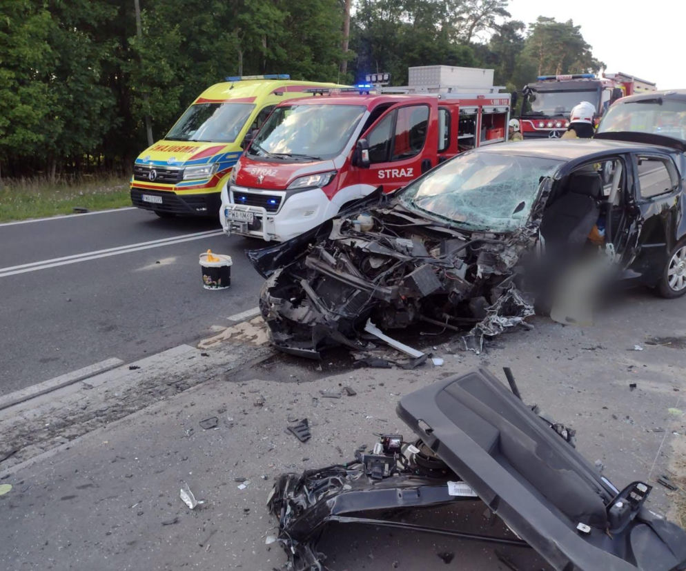 Rozbity czarny samochód na drodze obok karetki i wozów straży. O wypadku pod Skokami przeczytasz na SE.