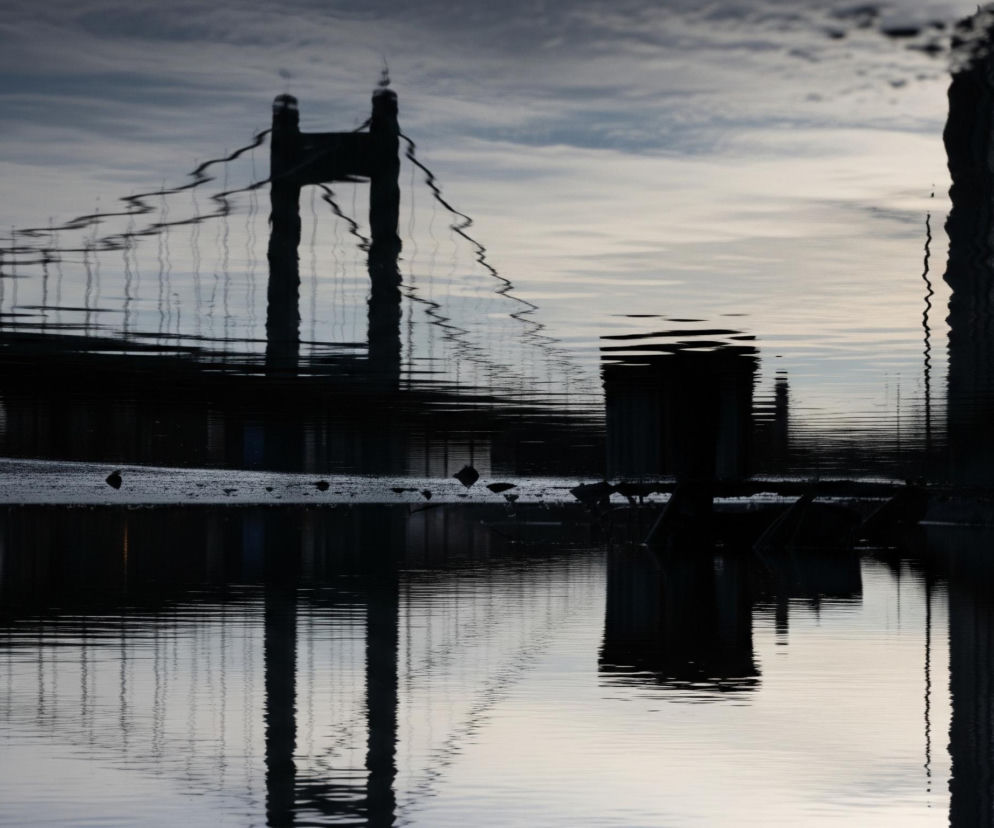 Odwrócone odbicie mostu wiszącego i miejskiego krajobrazu w spokojnej tafli wody. Most z dwoma pylonami i systemem lin jest ciemną sylwetką na tle jasnego, zachmurzonego nieba, które zdaje się być odbiciem realnego nieba nad horyzontem. Fale na wodzie zniekształcają i rozmywają odbicie, tworząc nieregularne, poziome linie i faliste krawędzie. Dominują ciemne, granatowe i szare barwy, z jaśniejszymi smugami bieli i błękitu w partii nieba/odbicia nieba.