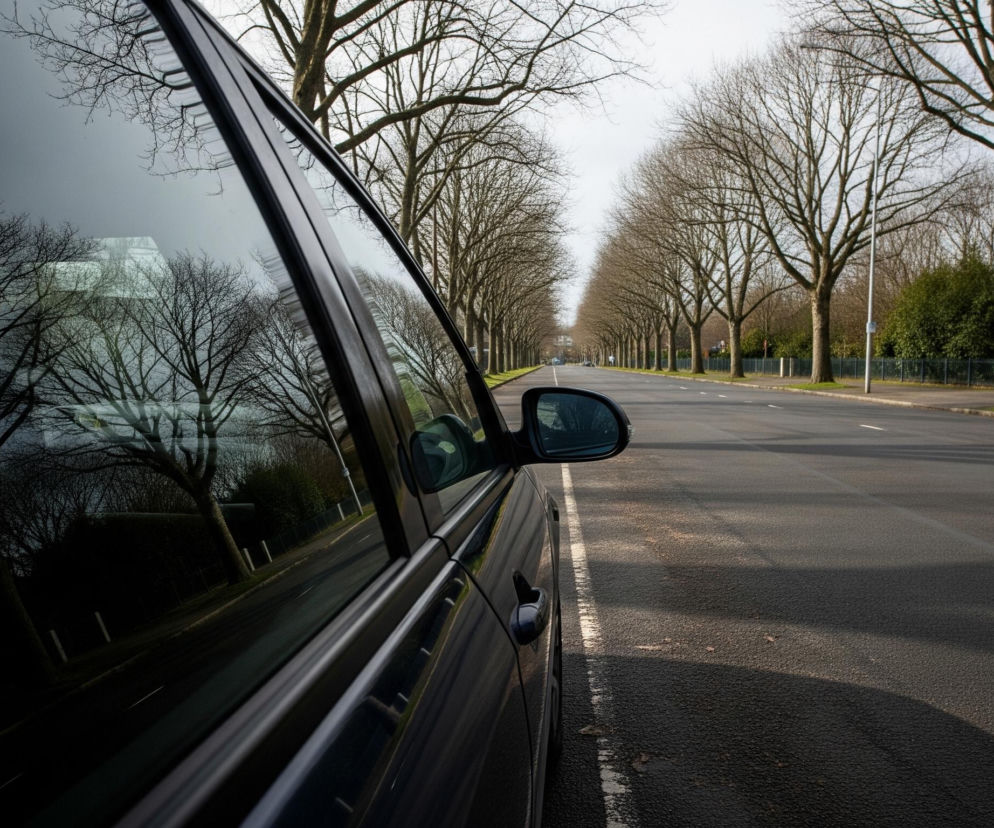 Czarny samochód stoi zaparkowany na poboczu drogi, z jego lewym bokiem skierowanym w stronę aparatu. Na powierzchni samochodu odbija się otoczenie, ukazując ciemne, nagie drzewa oraz fragment budynku. W oddali widać długi sznur podobnych, bezlistnych drzew wzdłuż ulicy, tworzących aleję. Droga, pokryta czarnym asfaltem z białymi liniami, prowadzi prosto w głąb obrazu, a po jej prawej stronie rosną krzewy i drzewa z zielonymi liśćmi za niskim ogrodzeniem.