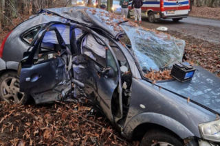 Citroen wypadł z drogi między Miejską Górką a Rozstępniewem. 38-latka trafiła pod opiekę ratowników