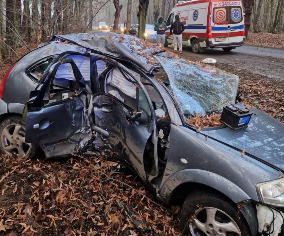 Citroen wypadł z drogi między Miejską Górką a Rozstępniewem. 38-latka trafiła pod opiekę ratowników