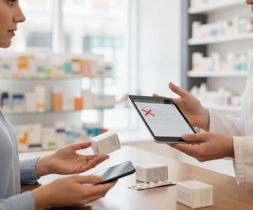 Farmaceuta pokazuje pacjentce tablet z czerwonym znakiem X. O nowych zasadach e-recept przeczytasz na Poradnik Zdrowie.