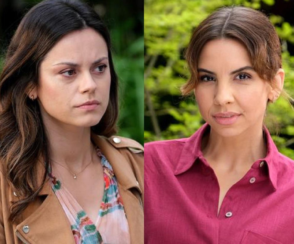 Aktorki Ilona Janyst jako Aneta (po lewej) w beżowej kurtce i Paulina Lasota jako Kasia (po prawej) w różowej koszuli, patrzą z powagą. Aneta będzie próbowała przekonać Kasię, by wysłała Mariusza na leczenie, o czym więcej przeczytasz na Super Seriale.