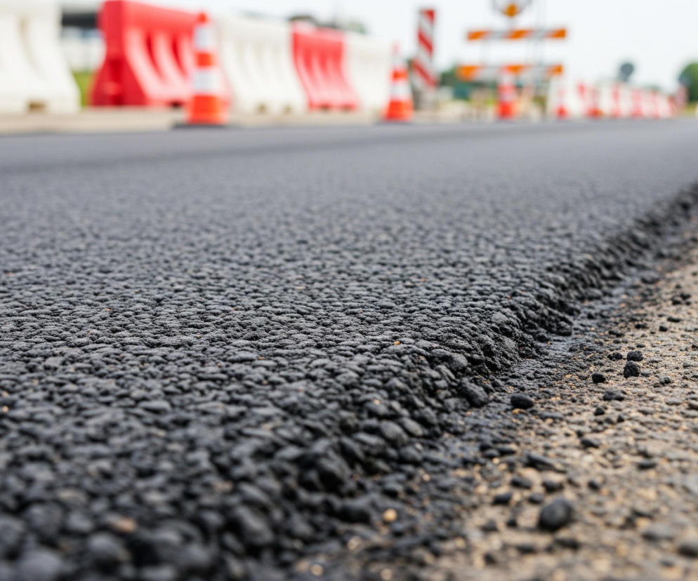 Na pierwszym planie, z lewej strony, widoczna jest świeżo ułożona, czarna nawierzchnia asfaltowa o wyraźnie ziarnistej strukturze. Jej krawędź po prawej stronie jest nieregularna i postrzępiona, tworząc wyraźne wzniesienie nad jaśniejszym, szarym poboczem, które biegnie w głąb obrazu. W tle, po lewej stronie drogi, rozciąga się szereg białych i czerwonych barier drogowych oraz pomarańczowo-białych pachołków, wyznaczających pas robót. Dalej w tle majaczy rozmyta sylwetka samochodu i znaki drogowe, sugerujące trwające prace budowlane lub remontowe na drodze.