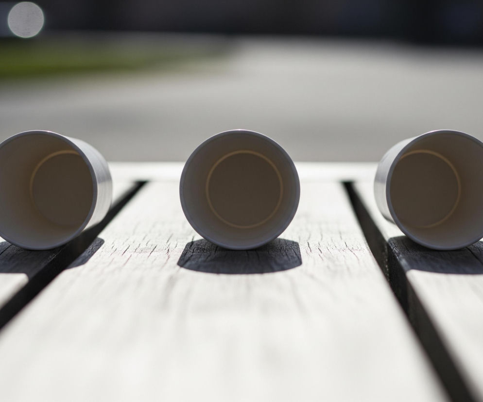 Trzy szare kubki papierowe stoją odwrócone dnem do góry w rzędzie na drewnianym stole. Słońce rzuca wyraźne cienie na jasne deski stołu, uwidaczniając ich teksturę. Tło jest rozmyte, z widoczną zielenią i ciemnymi plamami, oraz jasnym, okrągłym punktem światła w lewym górnym rogu.