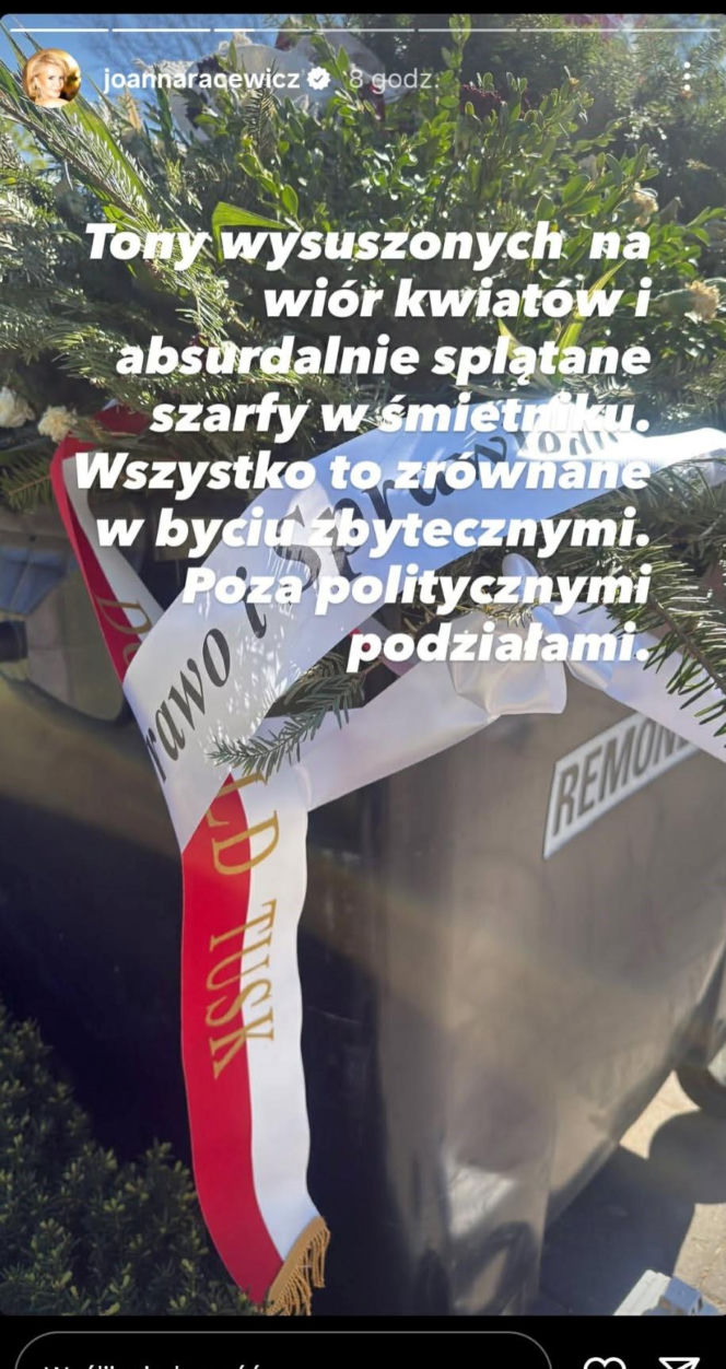 Gorzkie słowa Joanny Racewicz. Pokazała wieńce od Nawrockiego i Tuska na śmietniku