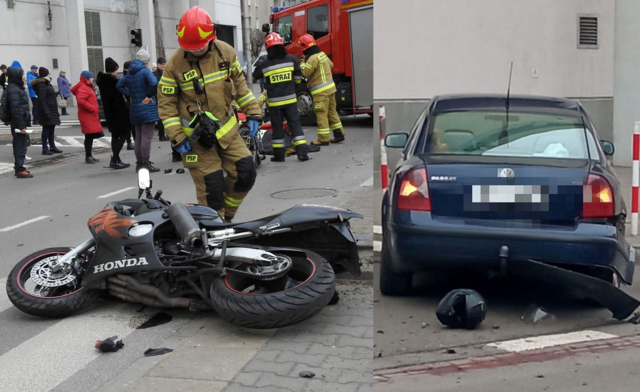 Koszmarny wypadek na ul. Białostockiej w Warszawie. Motocyklista trafił do szpitala