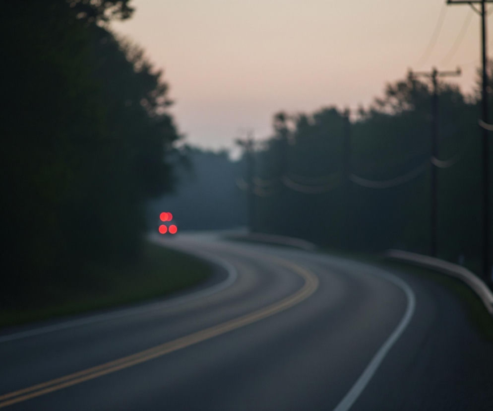 Asfaltowa droga, oznaczona dwoma żółtymi liniami ciągłymi i pojedynczą białą linią przerywaną, zakręca w prawo, prowadząc w głąb ciemnego, mglistego krajobrazu. Na pierwszym planie po lewej stronie drogi widoczne są ciemne sylwetki drzew i krzewów. W oddali, na zakręcie drogi, świecą cztery czerwone światła, ułożone w kwadrat. Po prawej stronie drogi, równolegle do niej, biegnie metalowa barierka ochronna, a za nią widać słupy energetyczne z poprowadzonymi przewodami. Niebo ma jasnoróżowy, blady odcień, co sugeruje wczesny poranek lub zmierzch.