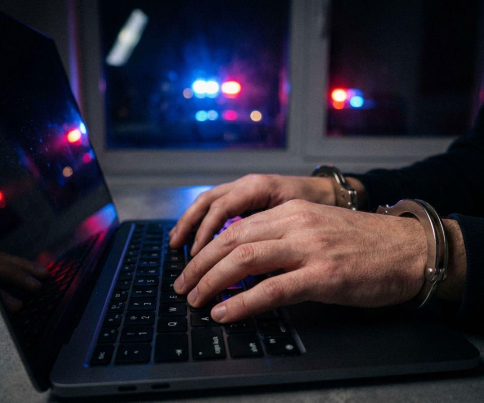 Ręce w kajdankach na klawiaturze laptopa
