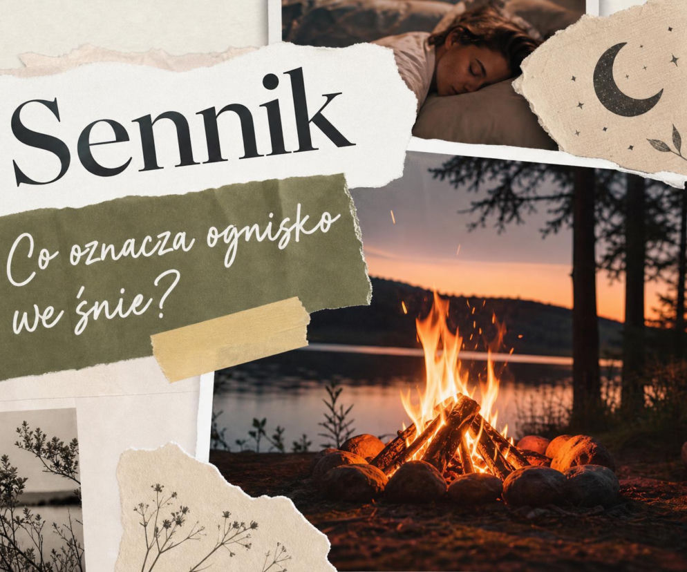 Płonące ognisko nad jeziorem o zmierzchu. Wyżej miniatura śpiącej kobiety. O znaczeniu snów pisze SE.
