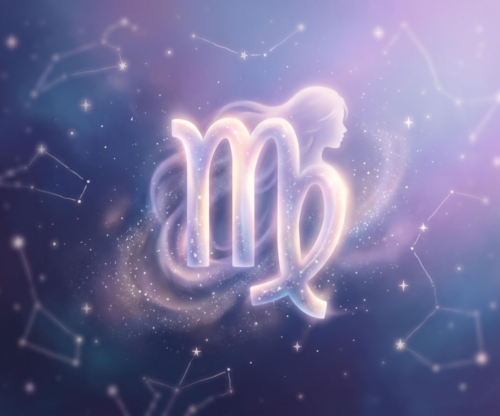 Świecący symbol znaku zodiaku Panna na tle rozgwieżdżonego nieba. O horoskopie dla Panny przeczytasz na Eska.