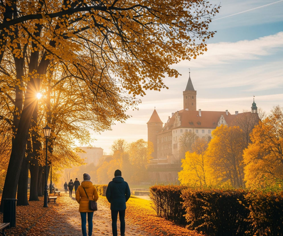 W centrum obrazu widoczna jest para idąca brukowaną alejką, pokrytą licznymi jesiennymi, pomarańczowo-żółtymi liśćmi. Po lewej stronie alejki rosną wysokie drzewa z gęstym, złotym listowiem, przez które przebija się słońce, tworząc intensywne promienie i rozświetlając całą scenę ciepłym blaskiem. W tle, po prawej stronie, wznosi się duży, zabytkowy budynek z ceglanymi dachami i charakterystycznymi wieżami, otoczony również drzewami o jesiennych barwach. Niebo jest częściowo zachmurzone, z delikatnymi, białymi smugami.