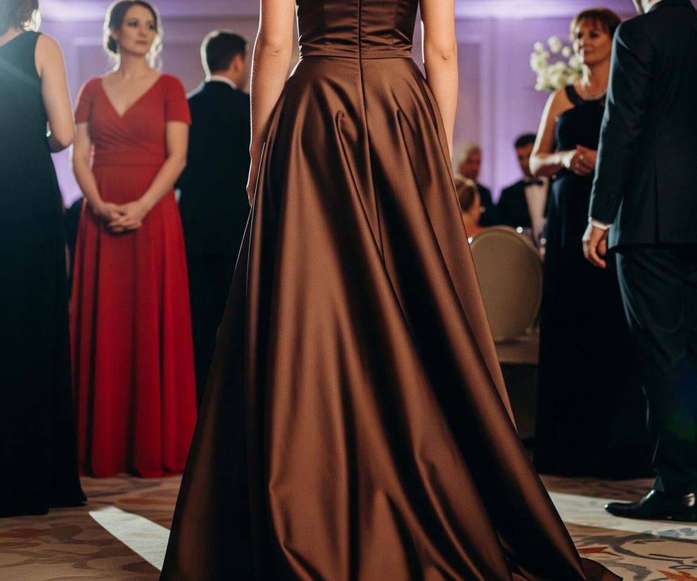 Centralnym punktem obrazu jest kobieta stojąca tyłem, ubrana w długą, brązową, satynową suknię z marszczeniami. Po jej lewej stronie stoi inna kobieta w długiej, czarnej sukni z wycięciem w kształcie łezki na plecach, a dalej w tle widać mężczyznę w ciemnym garniturze i muchce, siedzącego przy stole z białym obrusem i szklankami. Po prawej stronie, za kobietą w brązowej sukni, znajduje się kolejna kobieta w ciemnej sukni i naszyjniku, rozmawiająca z mężczyzną w garniturze. Całe pomieszczenie oświetlone jest fioletowym światłem, a na jasnobeżowej podłodze z wzorzystym dywanem widoczne są cienie i refleksy świetlne.