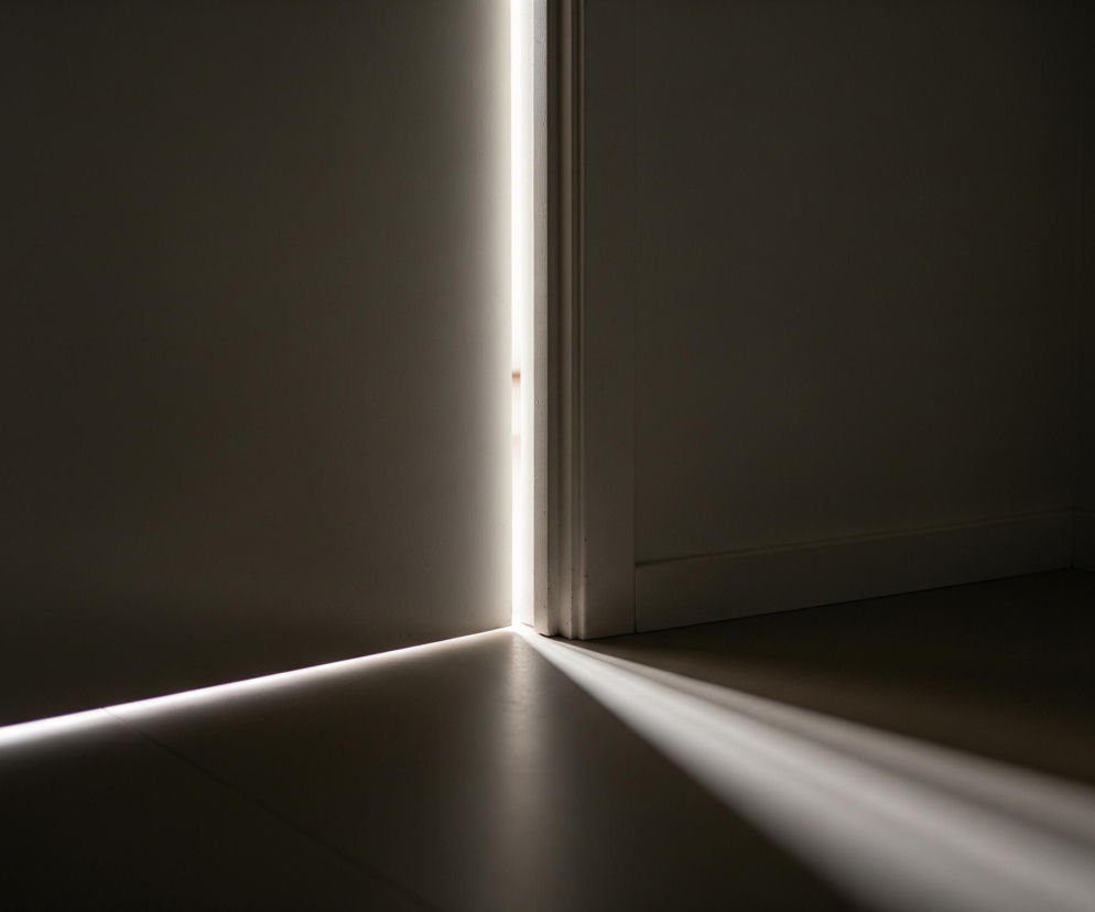Ciemne pomieszczenie, z otwartymi drzwiami pośrodku, przez które przenika wąska, jasna smuga światła. Po lewej stronie widoczne są fragmenty drzwi, z zawiasem przy krawędzi. Podłoga i ściany są w większości zacienione, ale na podłodze widoczna jest jasna plama światła rozchodząca się od szczeliny drzwi. Listwa przypodłogowa i ościeżnica drzwi są w jaśniejszym odcieniu bieli, co podkreśla kontrast ze wszechobecną ciemnością.