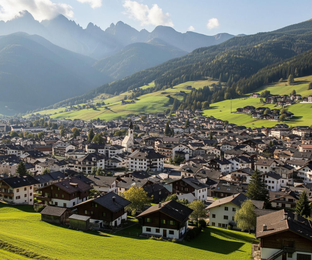 Rozległa panorama przedstawia miasteczko położone w dolinie, otoczone zielonymi zboczami i strzelistymi, szarymi szczytami górskimi w tle, częściowo skrywanymi przez poranną mgłę i cumulusy. W centrum uwagi znajduje się gęsta zabudowa domów o ciemnych dachach i jasnych, często drewnianych fasadach, z widocznym białym kościołem z ostro zakończoną wieżą. Zbocza gór pokrywa gęsty las iglasty, przeplatający się z zielonymi, trawiastymi polami, na których rozsiane są pojedyncze, mniejsze budynki.