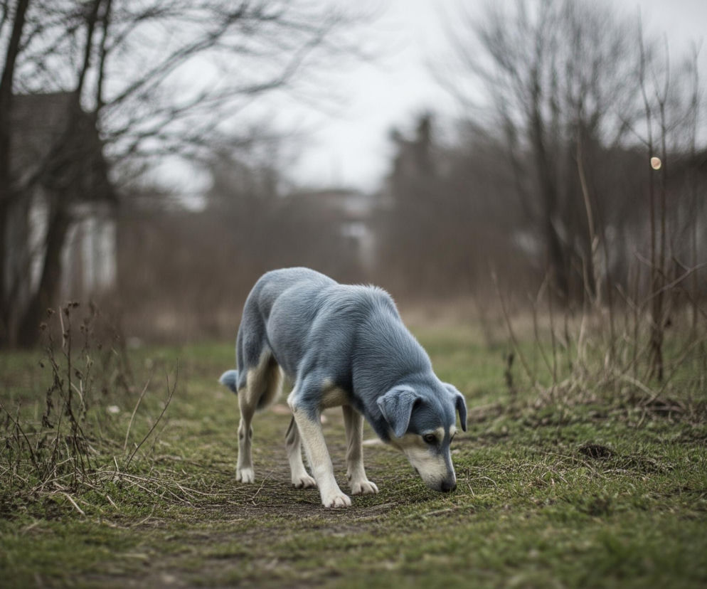 Pies z futrem w odcieniach niebieskiego i kremowego, pochylony, z nosem blisko ziemi, stoi na szlaku porośniętym trawą i suchymi źdźbłami. Tło stanowi rozmyty krajobraz z nagimi drzewami o ciemnych konarach i rozmazanymi, szarymi budynkami pod pochmurnym niebem. Cała scena utrzymana jest w stonowanych, szarozielonych i brązowych barwach, z wyraźnym fokusowaniem na zwierzęciu.