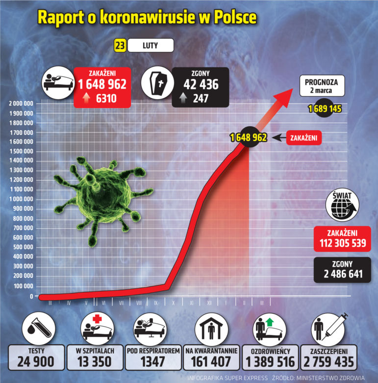 Koronawirus: 23 lutego 2021. 6 310 nowych zakażeń i 247 zgonów [Raport Ministerstwa Zdrowia z 23 lutego]