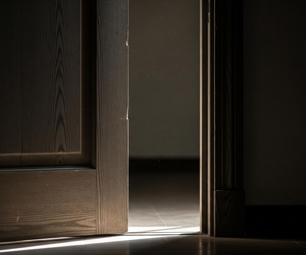 Ciemne, drewniane drzwi są uchylone, ukazując smugę światła wpadającą do ciemnego pomieszczenia. Widoczna jest faktura drewna na drzwiach oraz na futrynie po prawej stronie. W powietrzu, w paśmie światła, unoszą się drobne cząsteczki kurzu, a dolna część podłogi odbija jasne refleksy świetlne.