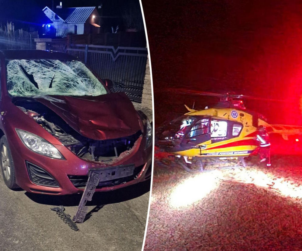 Rozbita bordowa mazda obok policjanta. Obok na zdjęciu śmigłowiec LPR. O tragedii w Woli Soleckiej pisze Eska Warszawa.