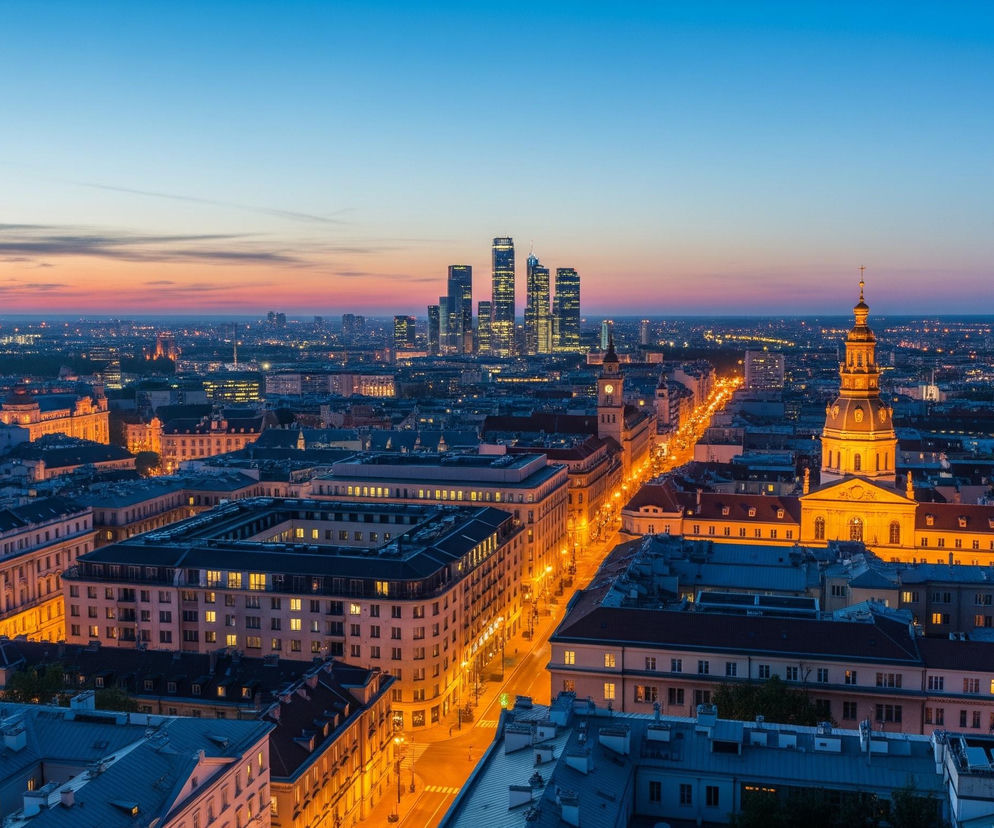 Szeroka panorama miasta o zmierzchu, z dominującym niebem w górnej części, które przechodzi od błękitu na szczycie do pomarańczowo-różowego odcienia tuż nad horyzontem. W oddali, po lewej stronie horyzontu, widać ciemne, podłużne chmury. Na horyzoncie, w centralnej części zdjęcia, wznosi się skupisko wysokich, nowoczesnych wieżowców, których okna świecą żółtym światłem.

W prawym dolnym rogu obrazu znajduje się wyraźnie widoczna, jasno oświetlona wieża kościelna z pozłacanym dachem i kopułą, zakończona krzyżem. Przed nią rozciąga się ulica, intensywnie oświetlona żółtymi latarniami, wzdłuż której stoją budynki z podświetlonymi oknami. Większość zabudowań w pierwszym planie i środkowym planie to niższe budynki mieszkalne i biurowe, z wieloma świecącymi oknami, tworzącymi mozaikę świateł na tle ciemniejącego miasta.