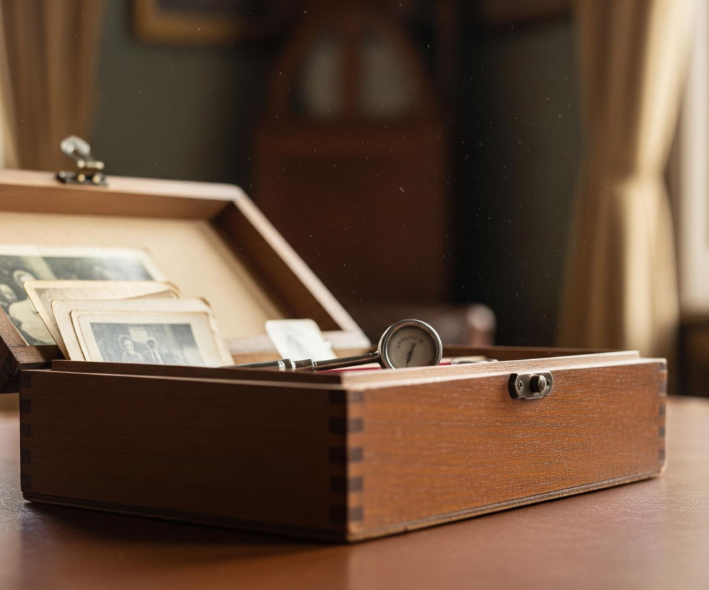 Na pierwszym planie, centralnie, stoi otwarte drewniane pudełko o brązowej barwie. Wewnątrz pudełka ułożone są stosy starych, czarno-białych fotografii o zaokrąglonych rogach, a także leży srebrny, metalowy przyrząd z okrągłą tarczą. Pudełko spoczywa na ciemnobrązowym blacie stołu, natomiast w tle widoczne są rozmyte okna zasłonięte beżowymi zasłonami i fragment ciemnego wnętrza pomieszczenia. W powietrzu unosi się delikatny pył, widoczny w postaci drobnych, jasnych punktów.