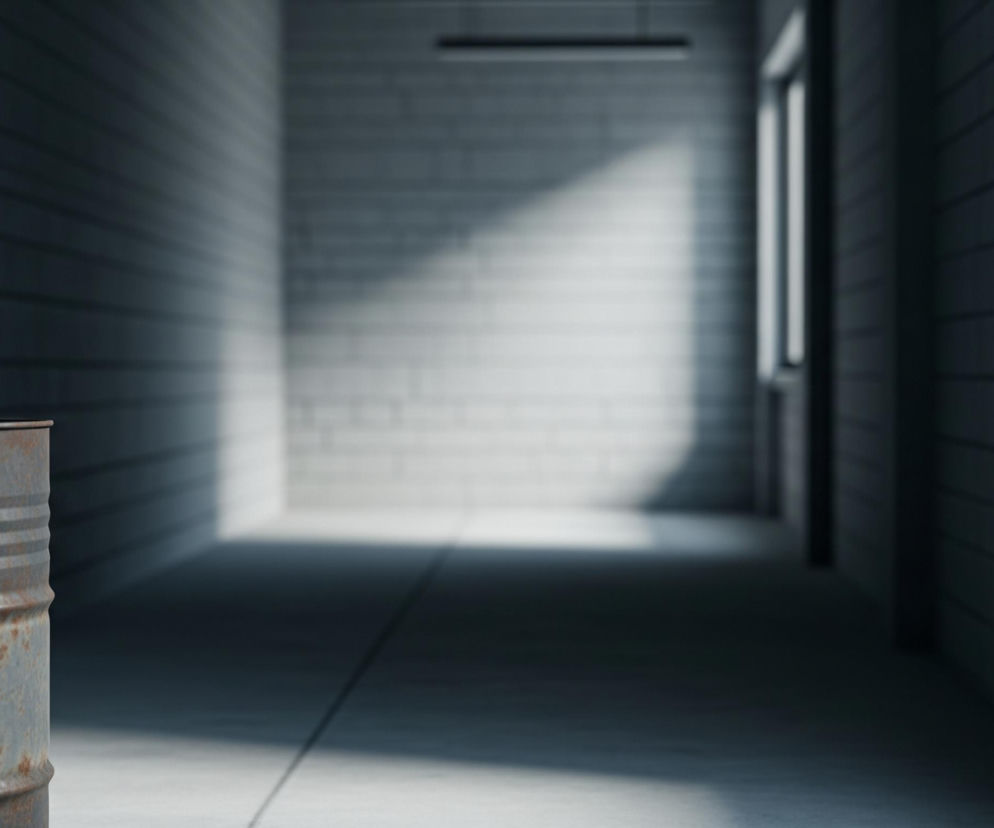 Na pierwszym planie, z lewej strony, widoczna jest metalowa beczka w odcieniach szarości i brązu, pokryta śladami rdzy i zarysowaniami, z poziomymi przetłoczeniami. Tło stanowi korytarz wyłożony jasnymi, prostokątnymi płytkami, prawdopodobnie ceramicznymi lub betonowymi, tworzącymi regularny wzór na ścianach. Światło wpada z prawej strony kadru, gdzie widoczne jest okno lub otwór, oświetlając część podłogi i fragment lewej ściany, rzucając długi, ukośny cień. Reszta korytarza pogrążona jest w półcieniu, z niewyraźnymi elementami architektonicznymi w dali.