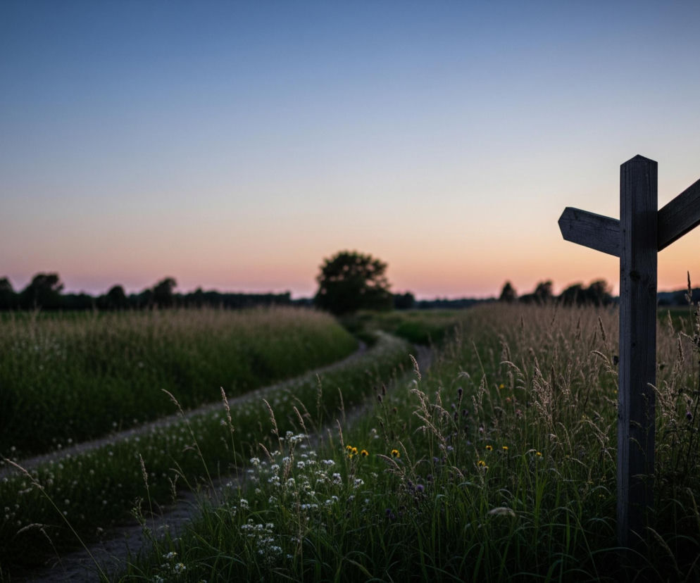 Na pierwszym planie, po prawej stronie, stoi drewniany drogowskaz z dwoma ramionami wskazującymi w lewo i w prawo. Ramiona są puste, bez żadnych napisów. Drogowskaz jest zanurzony w bujnej, wysokiej trawie, która zajmuje większą część dolnej połowy kadru i mieni się odcieniami zieleni i brązu. Wśród trawy widać drobne, białe i żółte kwiaty oraz pojedyncze fioletowe osty.

Wzdłuż lewej strony kadru, wije się wąska, gruntowa ścieżka, która znika w oddali, za horyzontem zielonych pól. Horyzont tworzy linię, nad którą rozciąga się niebo w barwach zachodzącego słońca, przechodzące od jasnego pomarańczu przy horyzoncie, przez róż i fiolet, aż po ciemny błękit w górnej części kadru. Na horyzoncie, po obu stronach ścieżki, widoczne są sylwetki drzew i krzewów.
