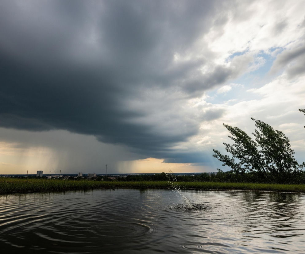 W szerokim ujęciu widoczny jest krajobraz, na pierwszym planie tafla wody z drobnymi falami i rozbryzgiem wody pośrodku. Tuż za wodą rozciąga się pas zielonej trawy i niskich drzew, za którymi widać zarys zabudowań miejskich oraz horyzont. Niebo w lewej części kadru jest ciemnoszare, burzowe, z widocznymi opadami deszczu, natomiast w prawej części rozjaśnia się, ukazując fragmenty błękitu i białe, rozproszone chmury, a także korony trzech drzew pochylonych w prawo, co wskazuje na wiatr.