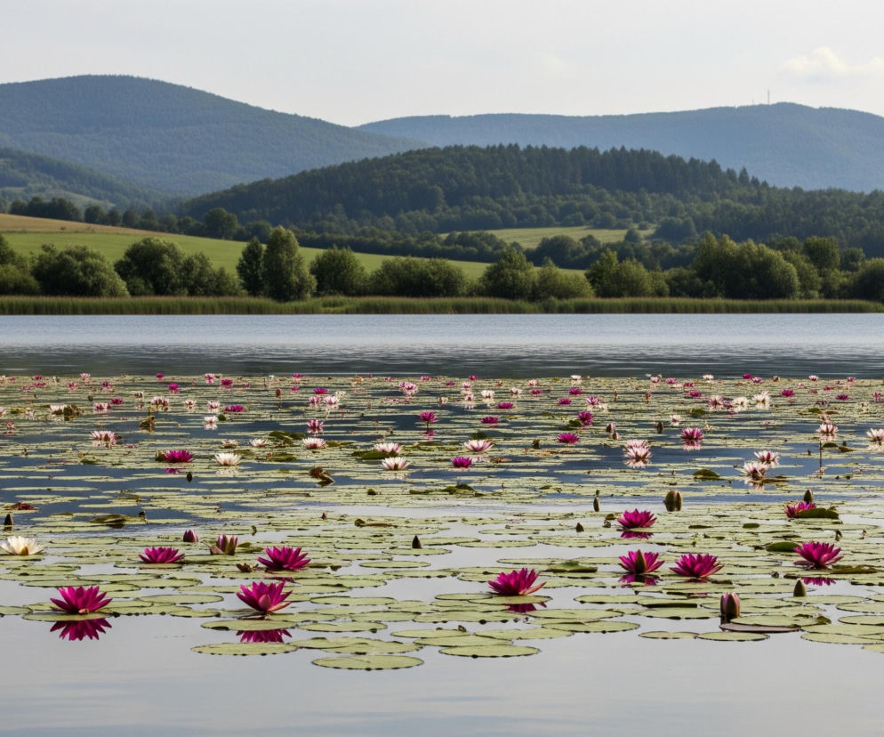 Na spokojnej tafli wody rozciąga się dywan zielonych liści lilii wodnych, spośród których wyłaniają się liczne kwiaty w odcieniach intensywnego różu i bieli. Kwitnące lilie są gęściej rozmieszczone na pierwszym planie, stając się rzadsze w oddali, gdzie woda wydaje się ciemniejsza. Za lustrem wody widać zielony brzeg, pokryty pasem wysokich traw i gęstych drzew liściastych. W tle rozciąga się pasmo lekko zamglonych, zielonych gór, a na horyzoncie widoczne jest jasne, błękitne niebo z kilkoma delikatnymi obłokami.