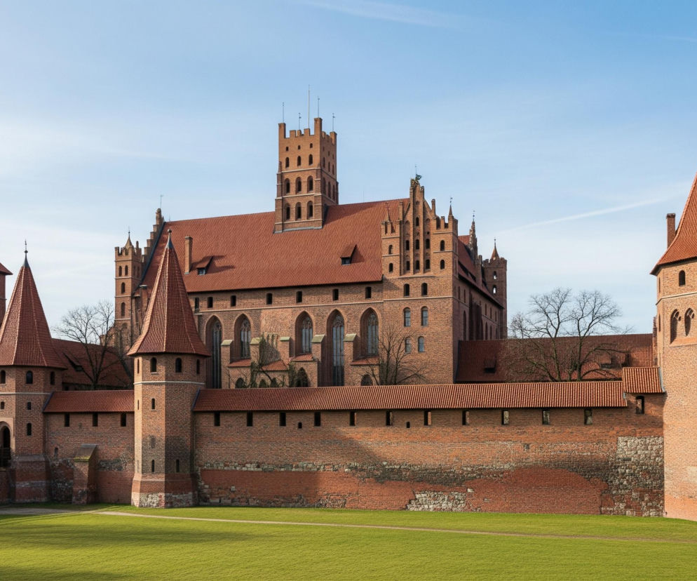Rozległy, ceglany kompleks architektoniczny z licznymi wieżami o spadzistych, czerwonych dachach dominuje w kadrze. Centralna, największa budowla posiada strzeliste, gotyckie okna i zwieńczona jest wysoką wieżą z blankami, a wokół niej rozciągają się niższe mury obronne z mniejszymi wieżyczkami. Przed murami rozciąga się równo przystrzyżony, jasnozielony trawnik, a w tle widać nieliczne, nagie drzewa oraz błękitne niebo z delikatnymi smugami chmur.